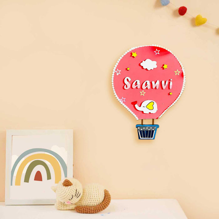 Personalized Hand Painted Hot Air Balloon Mdf Wood Kids Name Plate - Name Personalization Example on Wall