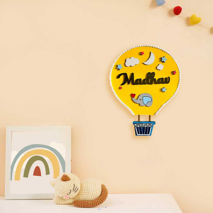 Personalized Hand Painted Hot Air Balloon Mdf Wood Kids Name Plate - Mounted on Wall with Name Personalization