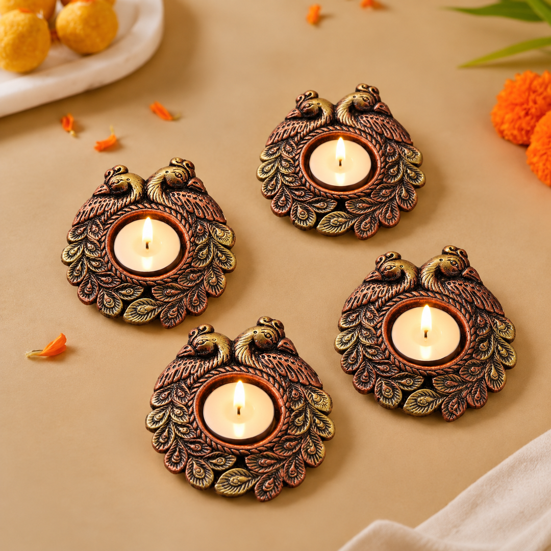 Handmade Couple Peacock Terracotta Tealight Holder | Set Of 4