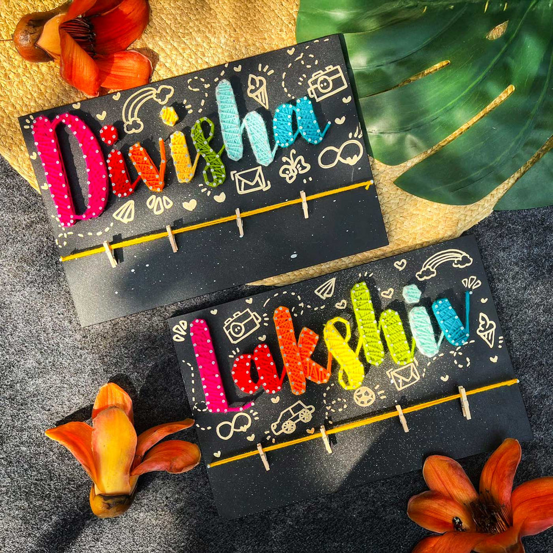 Personalized String Art Colourful Mdf Wood Name Plate 1 - Name Personalization Example on Clipboard