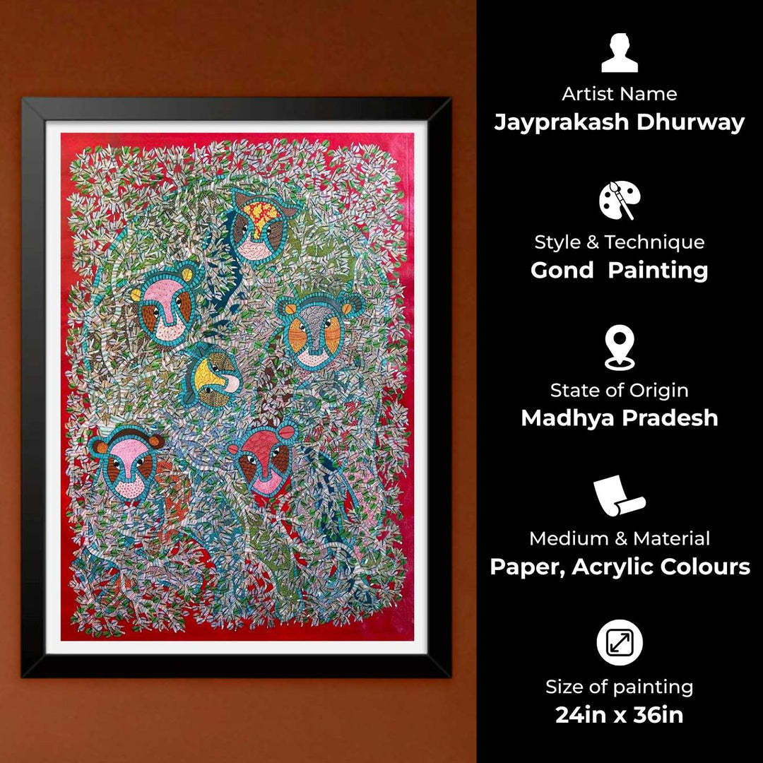 24 x 36 Inch | Lions In The Trees | Original Hand Painted Tribal Gond Art Painting | Acrylic Paints On Paper