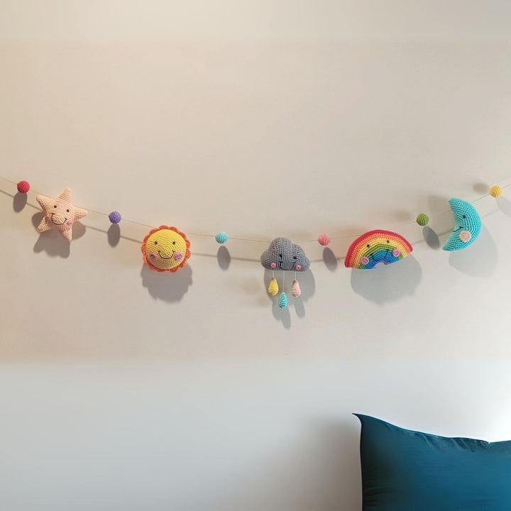 Handmade Crochet Rainbow Star And Cloud Bunting - Hanging Decorative Garland Display