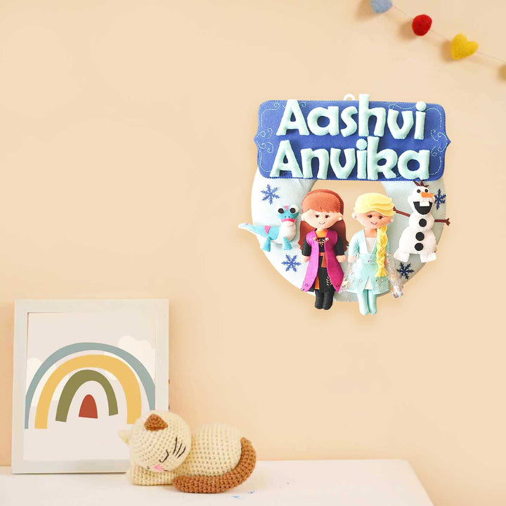 Personalized Frozen Theme Felt Kids Name Plate For Siblings - Mounted on Wall with Decoration
