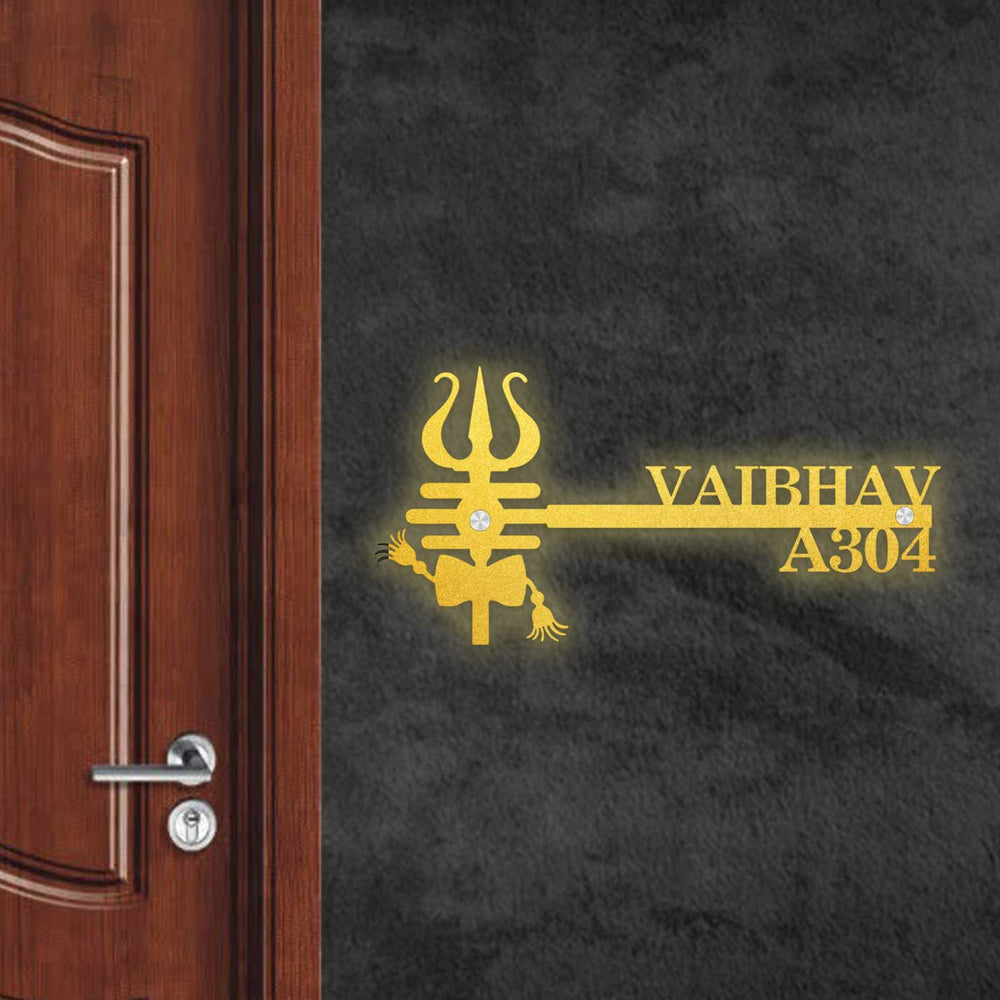 Personalized Trishuhul Dumro Laser Cut Metal Name Plate - Mounted on Wall Next to Door