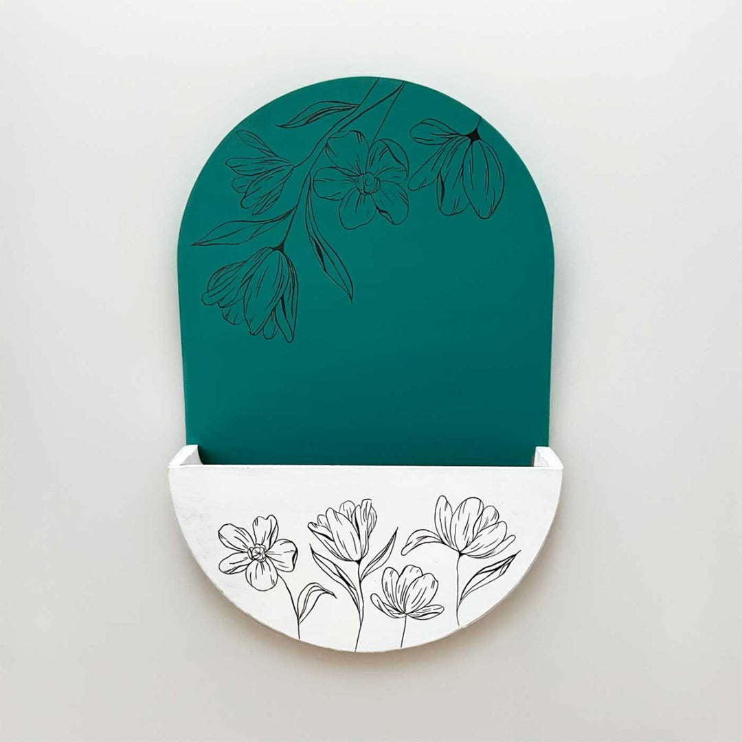 Personalized Handmade White And Green Floral Mdf Wood Name Plate - Front View Hanging Wall Pocket