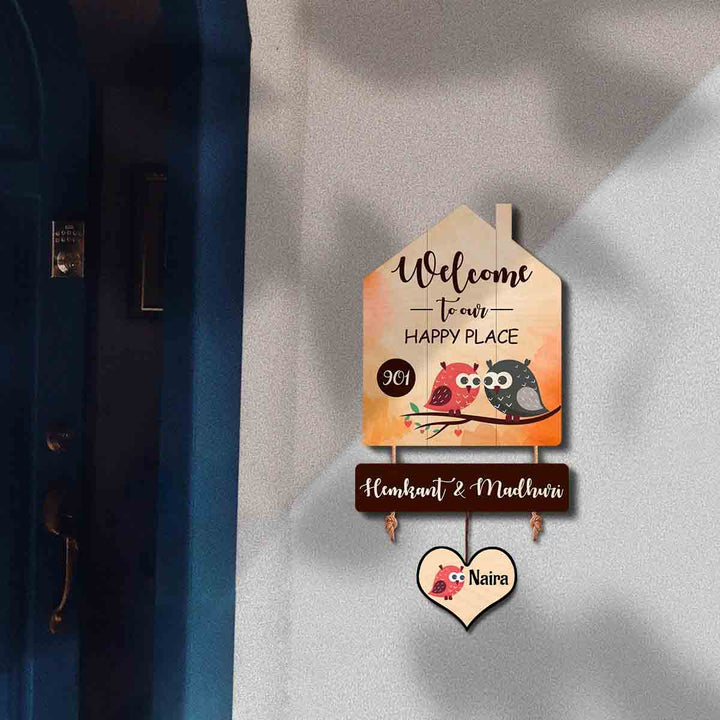 Printed Wooden House Shaped Owl Nameplate For Family With 2 Children - Mounted on Entryway Wall