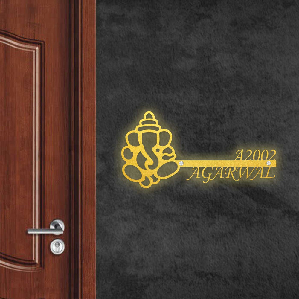 Personalized Ganesha 11 Laser Cut Metal Name Plate - Mounted on Wall Next to Door