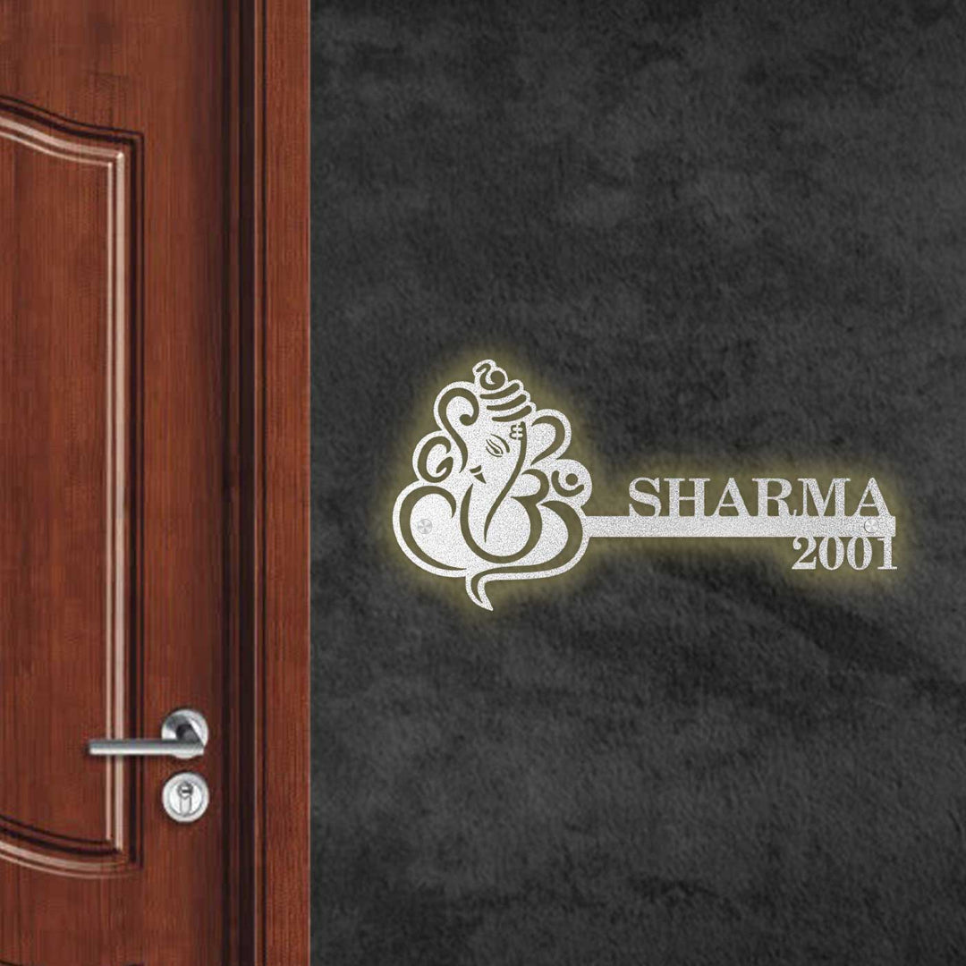 Personalized Ganesha Laser Cut Metal Name Plate - Mounted on Wall Beside Door