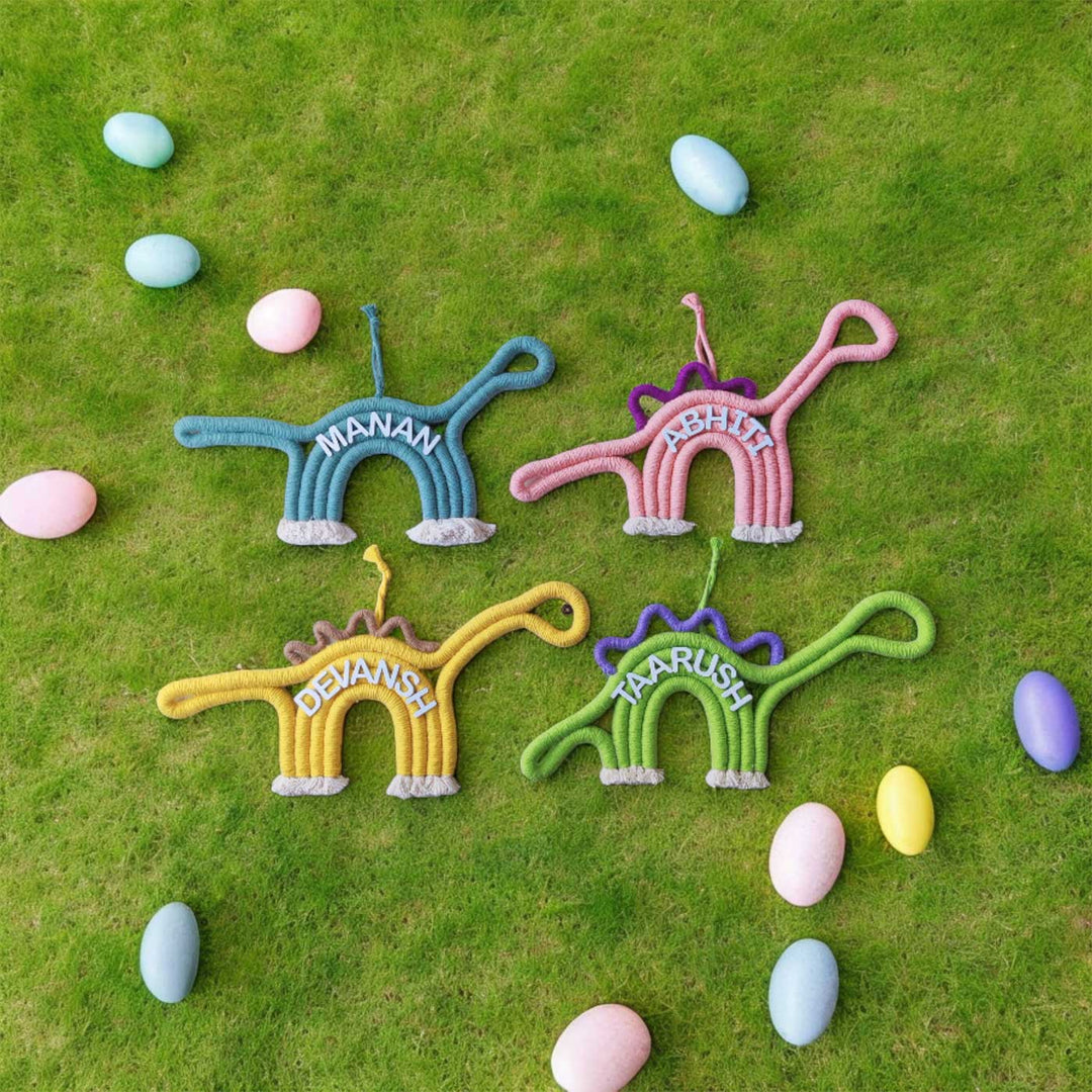 Personalized Handmade Macrame Dinosaur Kids Name Plate With 3D Letters - Name Personalization Example on Grass