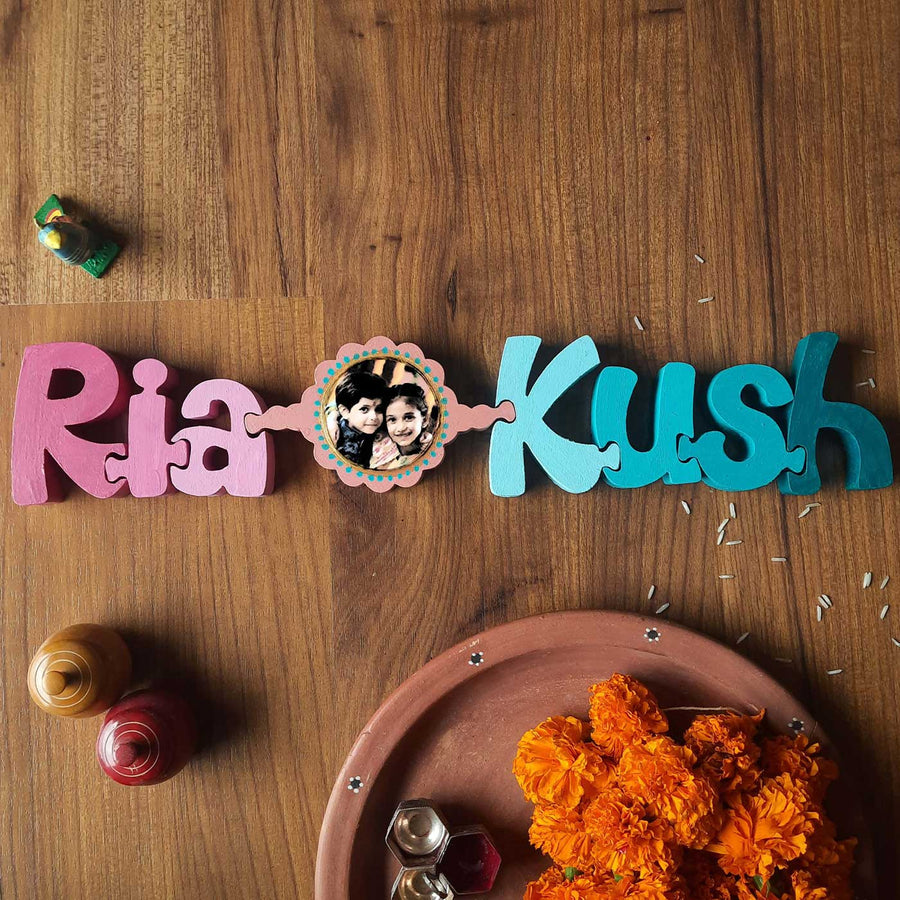 Photo Personalized Handmade Rakhi Name Block For Brother And Sister - Name Personalization Example with Photo Frame