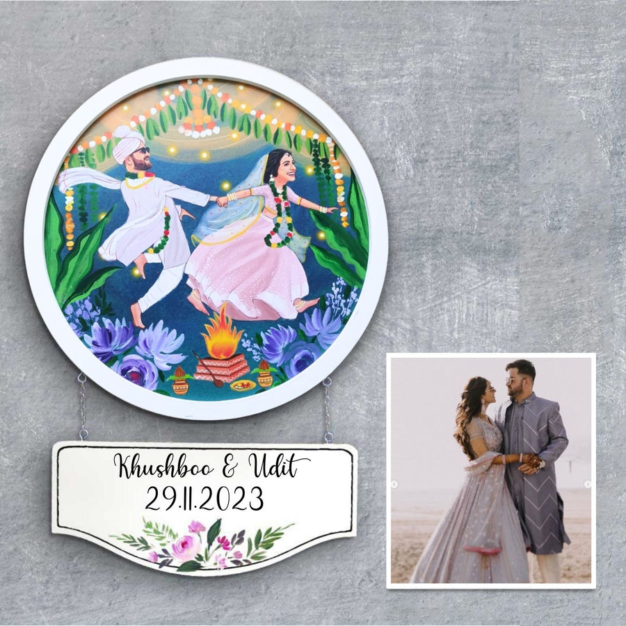 Photo Caricature Hanging Nameplate Wedding Couples 5 - Front View with Personalized Nameplate