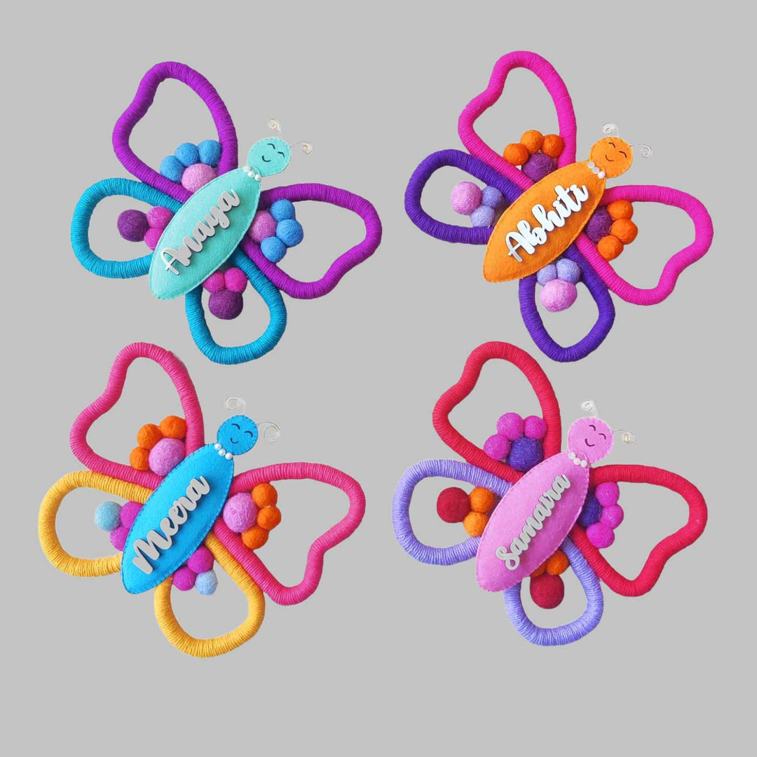 Personalized Handmade Macrame Butterfly Kids Name Plate With 3D Letters - Name Personalization Example on Four Items