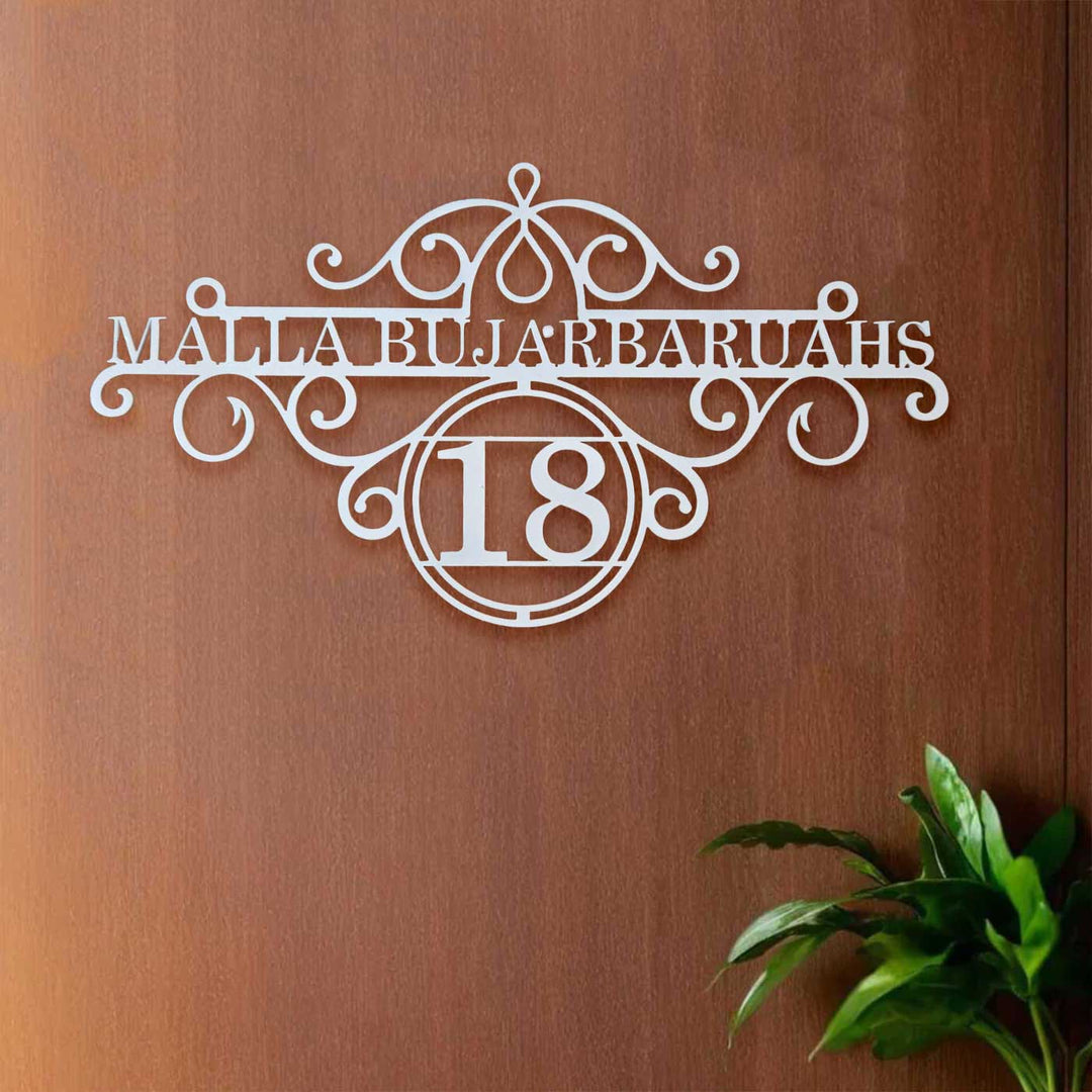 Personalize Ornate Weatherproof Name Plate With House Number - Mounted on Wooden Wall