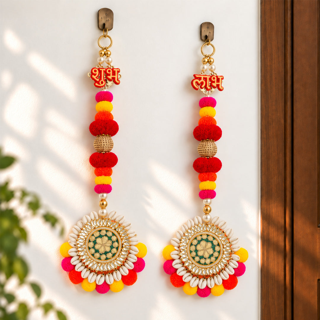 2 Pc | Handmade Pom Pom Shubh Labh Hanging With Shell Bangles