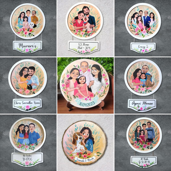 Photo Caricature Nameplate With Stand For Small Family 3 - Mounted on Wall with Nameplate