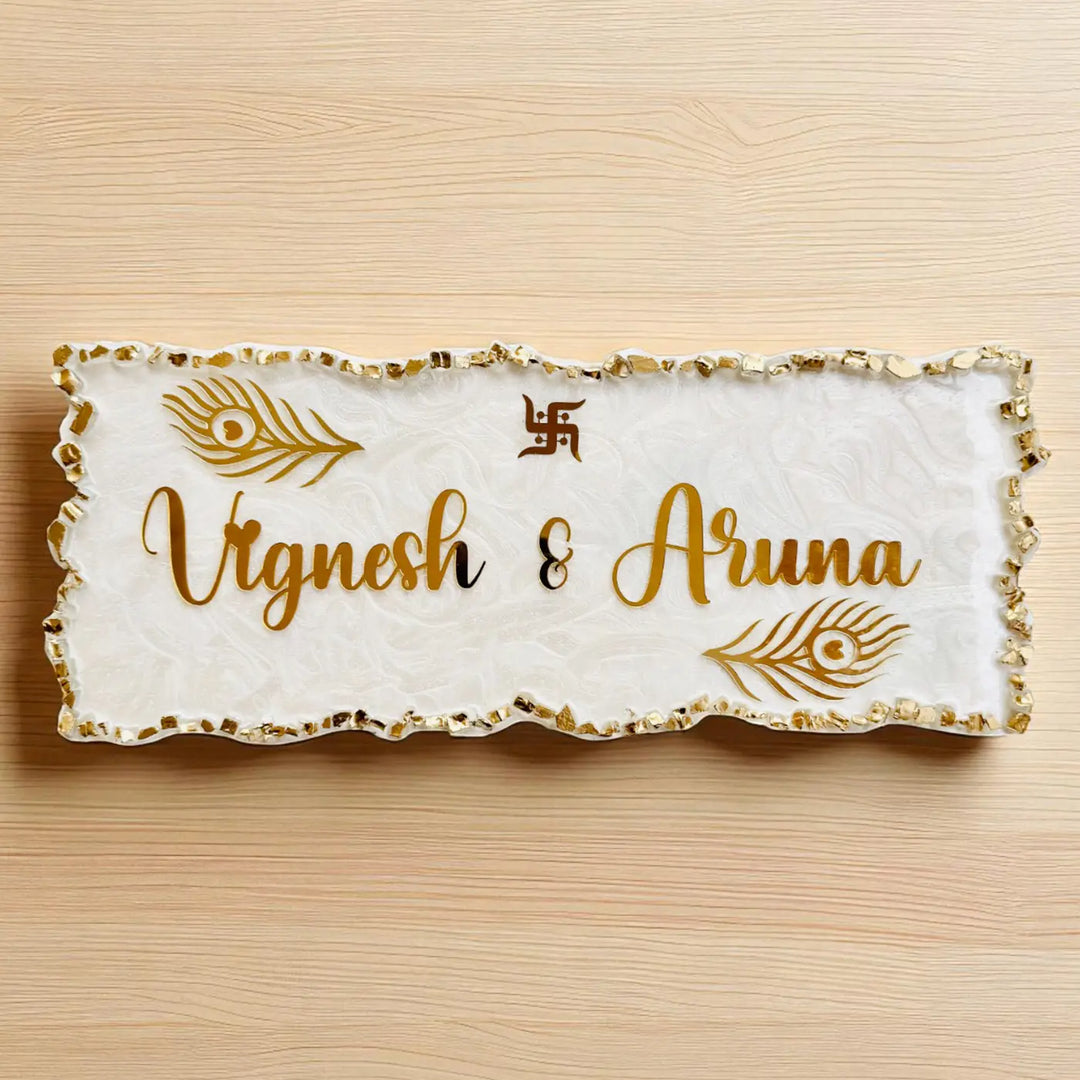 White & Gold Personalized Marble Effect Rectangle Resin Name Plate | With 3D Acrylic Letters & Gold Stone Embellishment