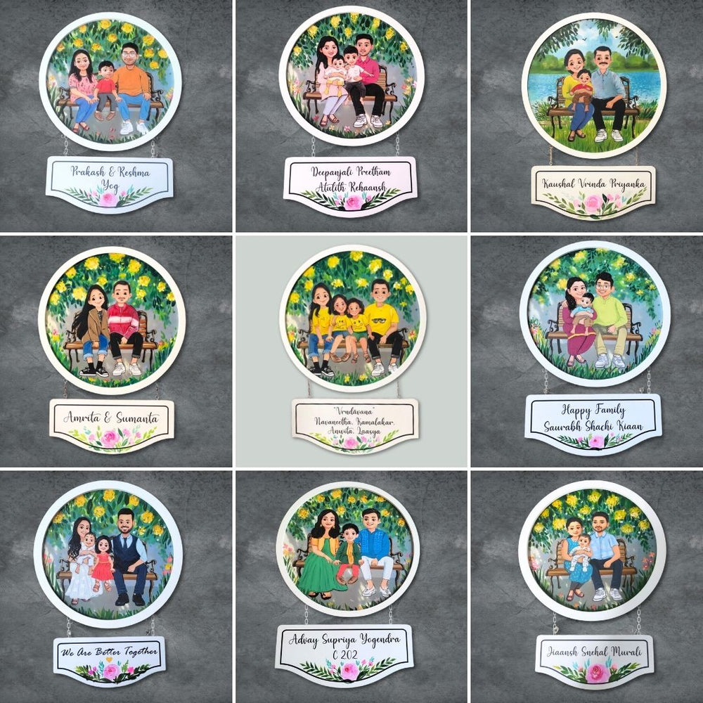 Photo Caricature Hanging Nameplate Small Family 1 - Front View with Name Personalization