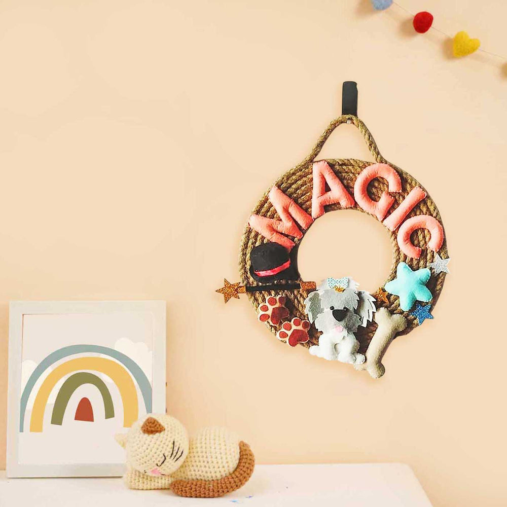 Personalized Dog And Bone Themed Jute Kids Name Plate - Hanging on Wall Hook