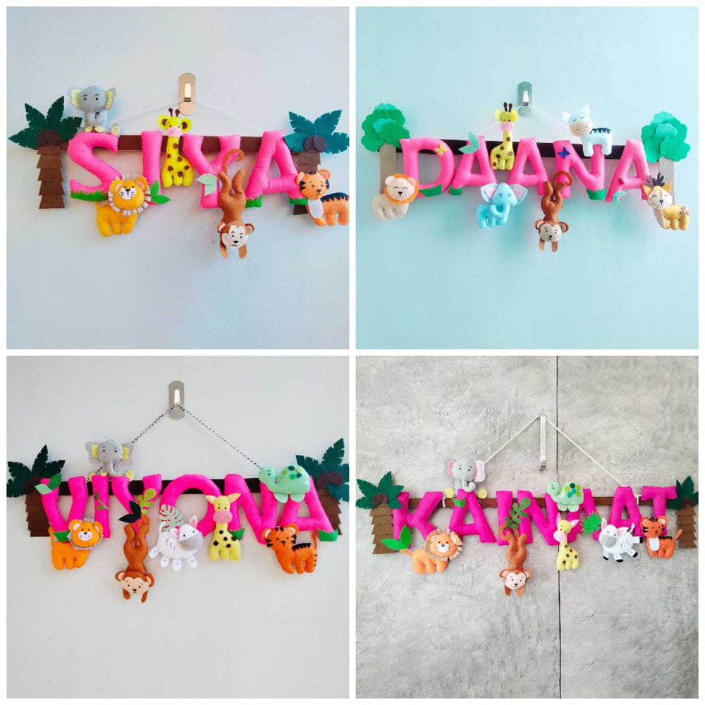 Personalized Pink Jungle Theme Felt Kids Name Plate - Front View Hanging on Wall