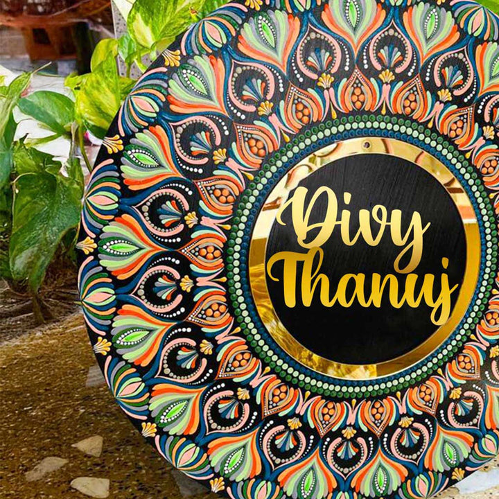 Personalized Hand-Painted Dot Mandala Round Multicolour Mdf Wood Name Plate