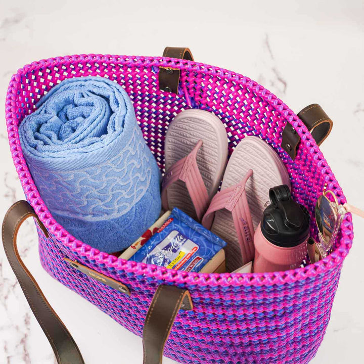 Purple and Pink Striped Mukhya Knot Handmade Koodai Beach Bag