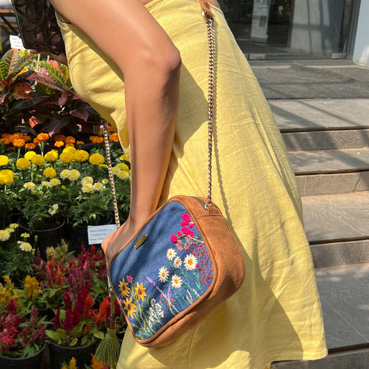 Personalized Embroidered Garden Denim Vegan Suede Sling Bag