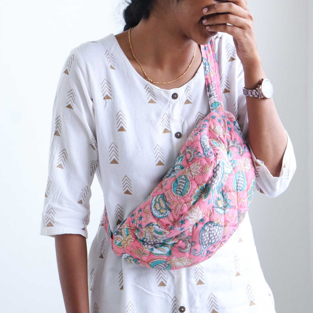 Handmade Block Printed Cotton Pink And Blue Belt Bag