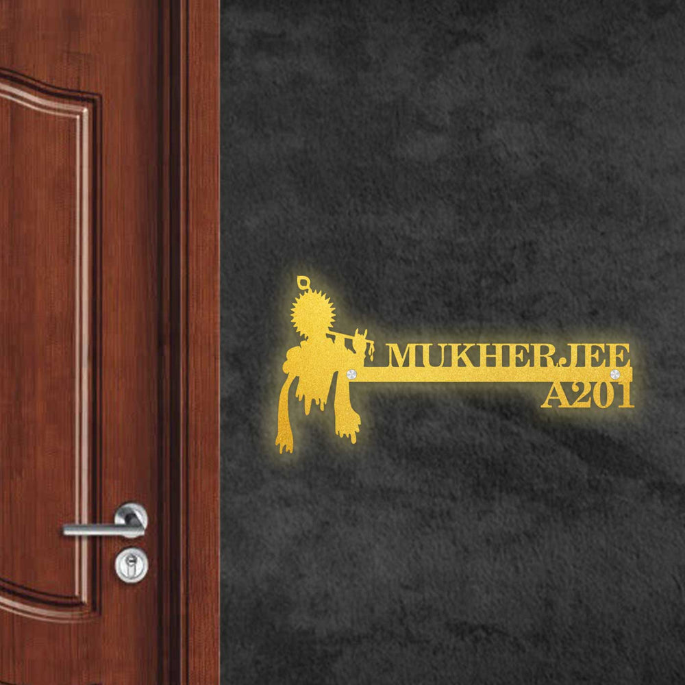 Personalized Lord Krishna With Flute Laser Cut Metal Name Plate - Mounted on Wall Next to Door