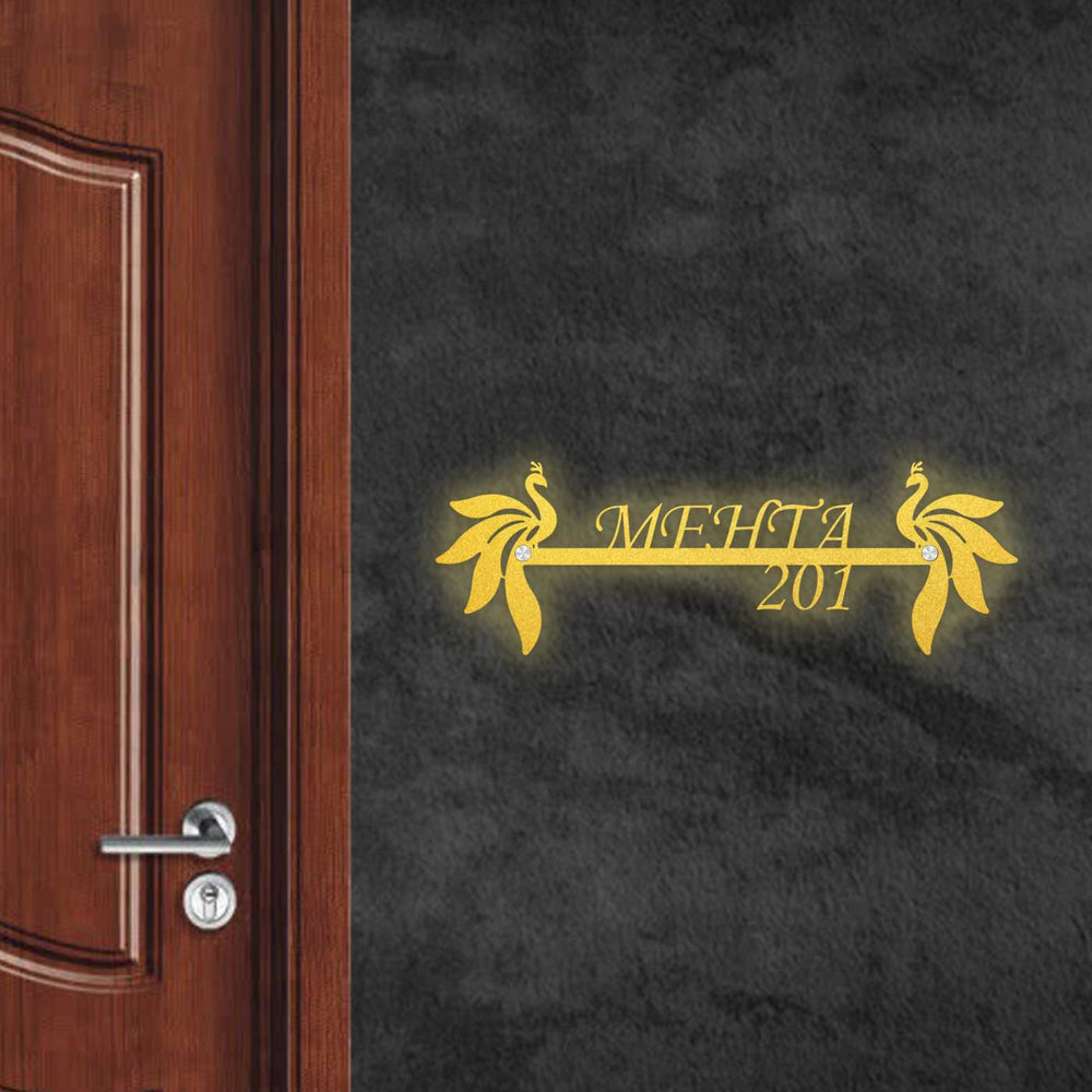 Personalized Two Peacocks Laser Cut Metal Name Plate - Mounted on Wall Beside Door
