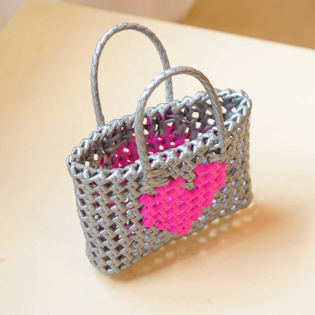 Mini Handwoven Grey Plastic Wire Koodai Bag With Pink Heart Motif