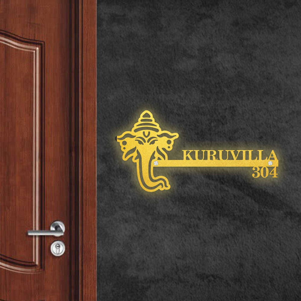 Personalized Ganesha Face Laser Cut Metal Name Plate - Mounted on Wall Beside Door