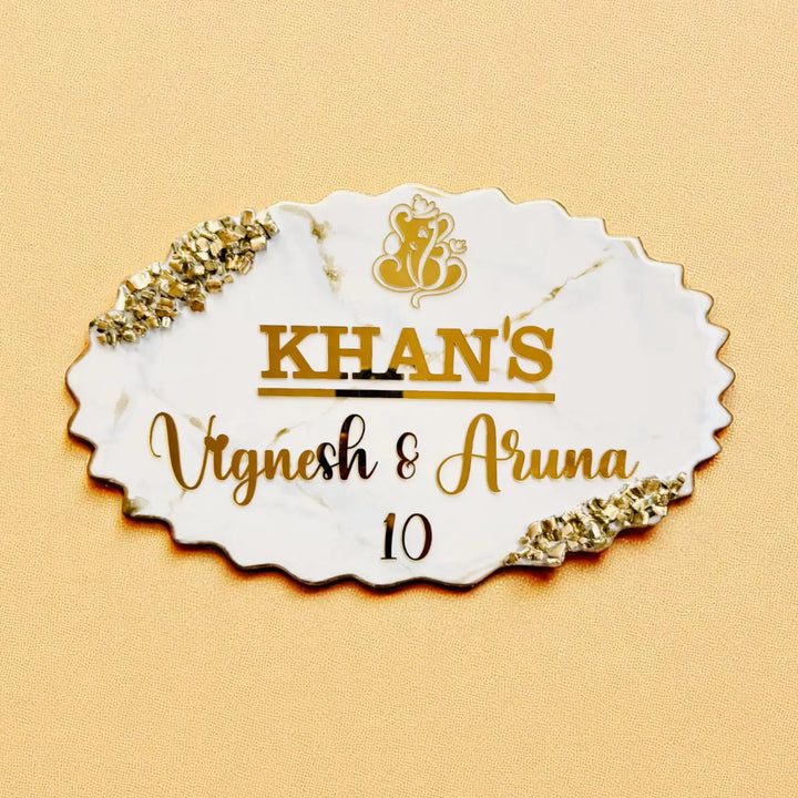 White & Gold Personalized Marble Effect Oval Resin Name Plate | With 3D Acrylic Letters & Gold Stone Embellishment