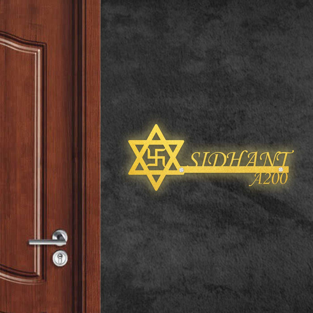 Personalized Swastik And Star Laser Cut Metal Name Plate - Mounted on Wall Near Door
