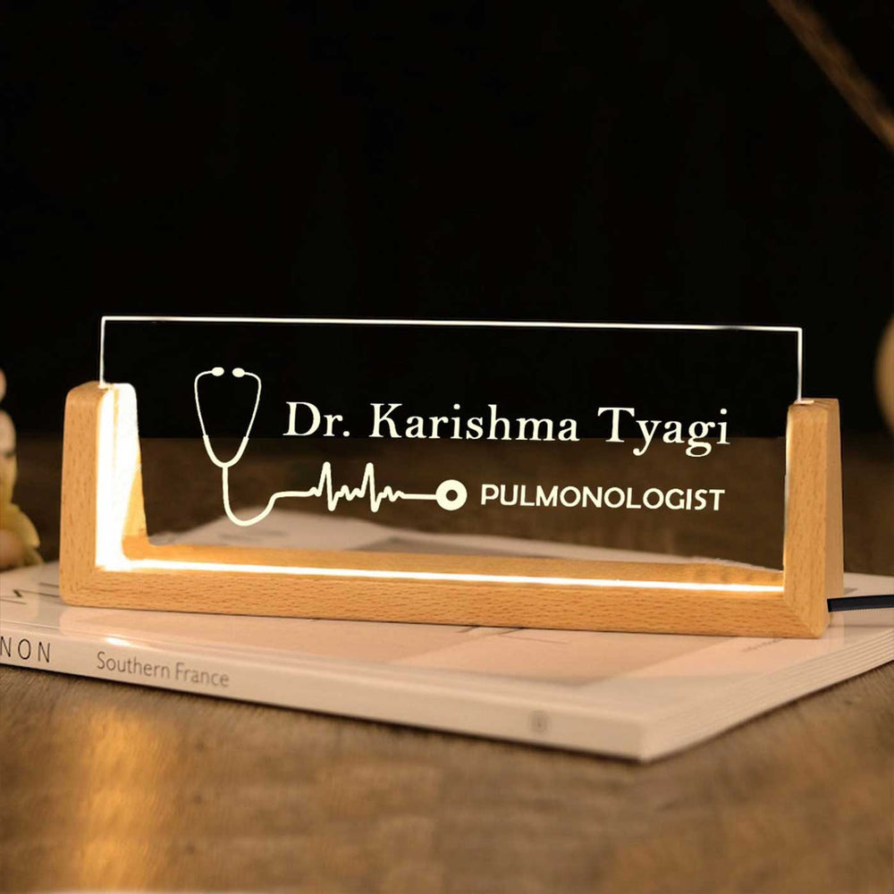 Personalized Doctor Sleek Glass Desk Nameplate With Led Light - Name Personalization Example on Stand