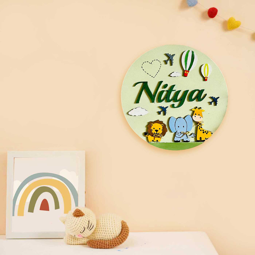 Personalized Hand Painted Jungle Mdf Wood Kids Name Plate - Mounted on Wall with Name Personalization