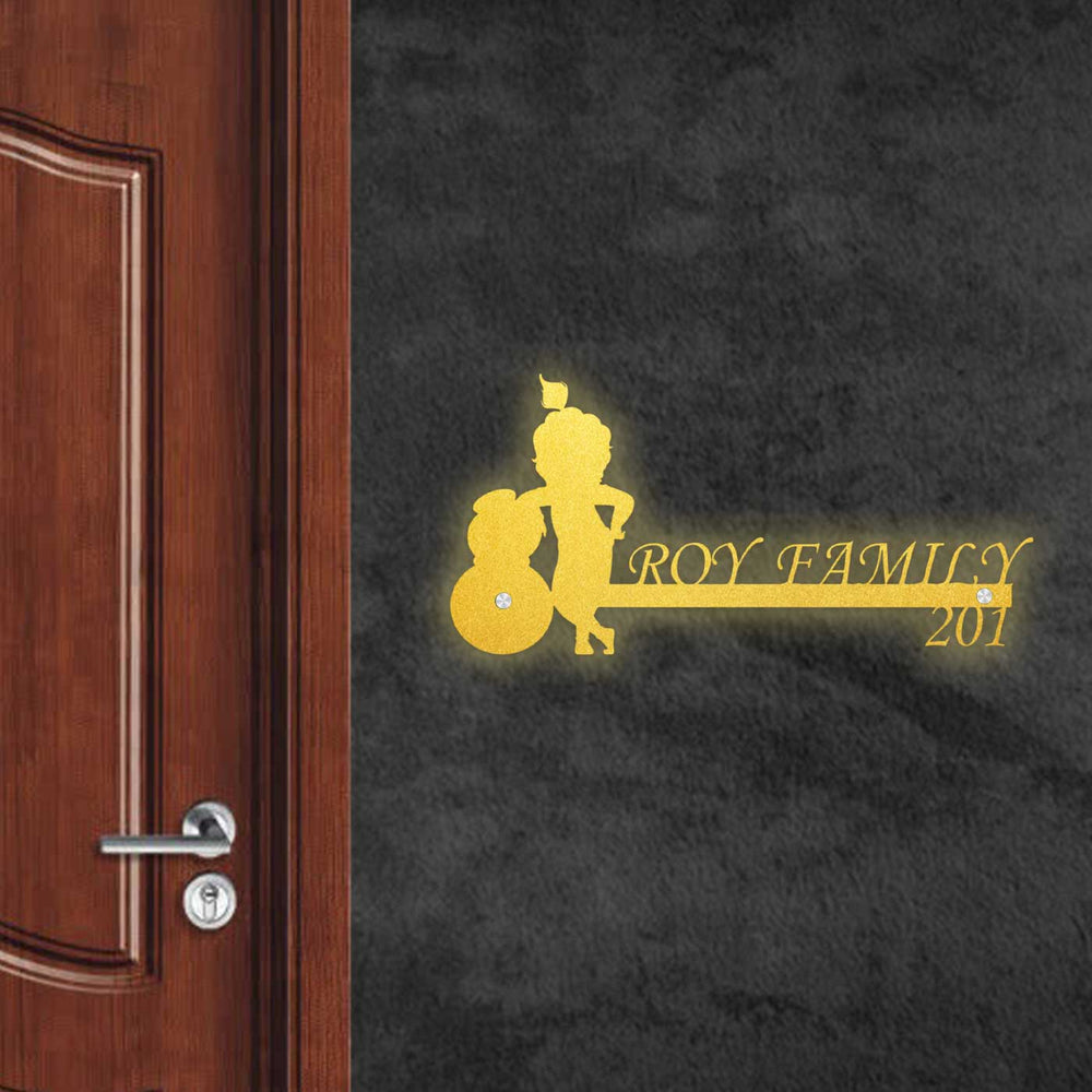 Personalized Little Krishna Laser Cut Metal Name Plate - Mounted on Wall Next to Door