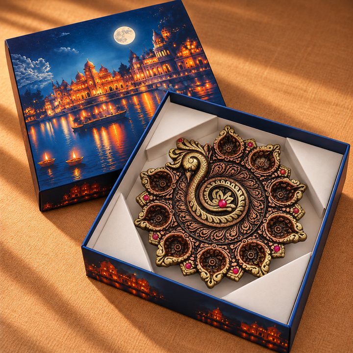 Handmade Peacock With 9 Terracotta Diya Platter | 9.5 inch