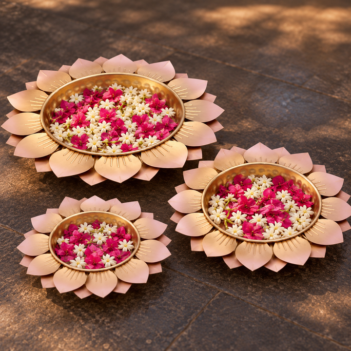 Handmade Hammered Baby Pink FLower Urli | Set of 3
