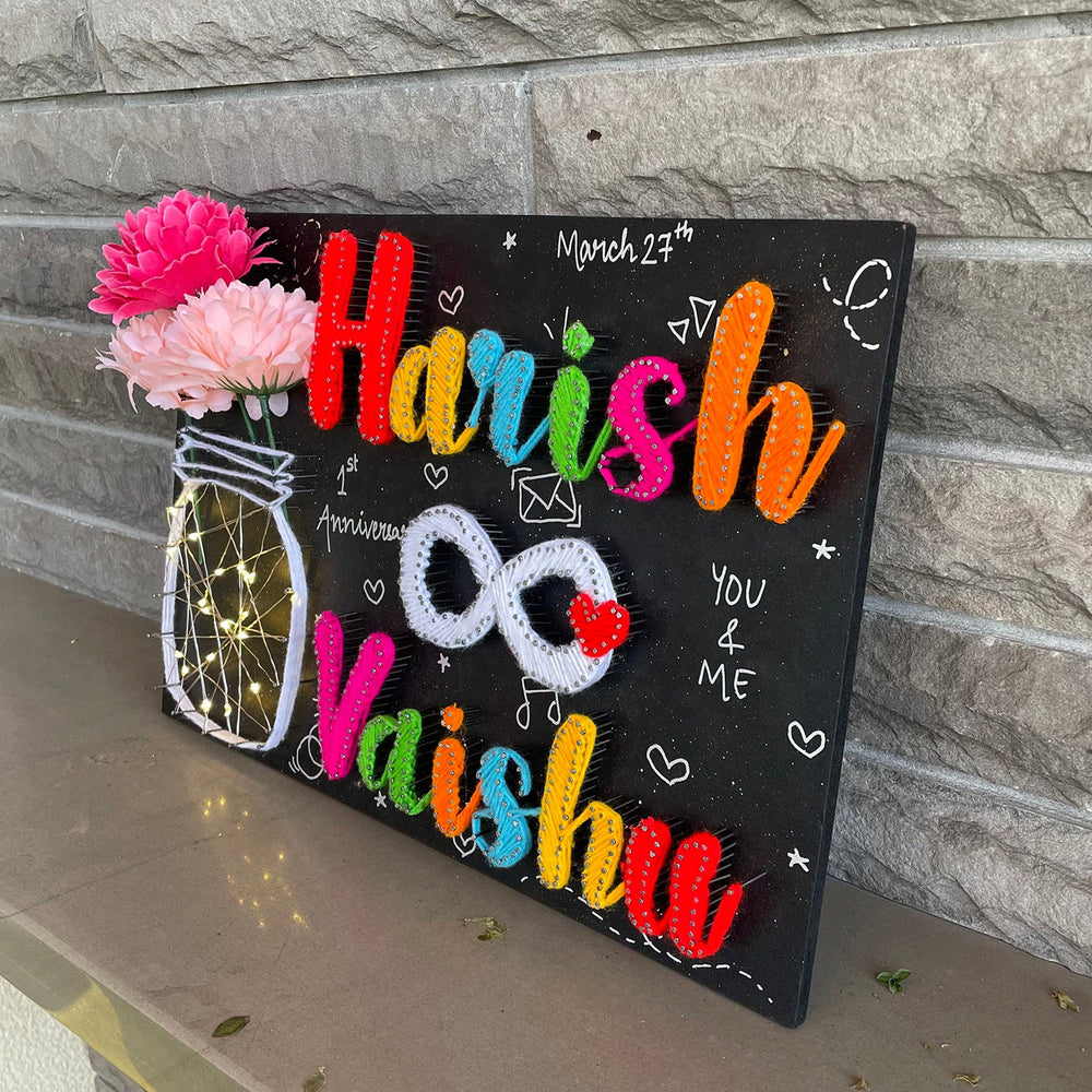 Personalized String Art Infinity Mdf Wood Name Plate For Couples - Side Angle Showing Personalized Text