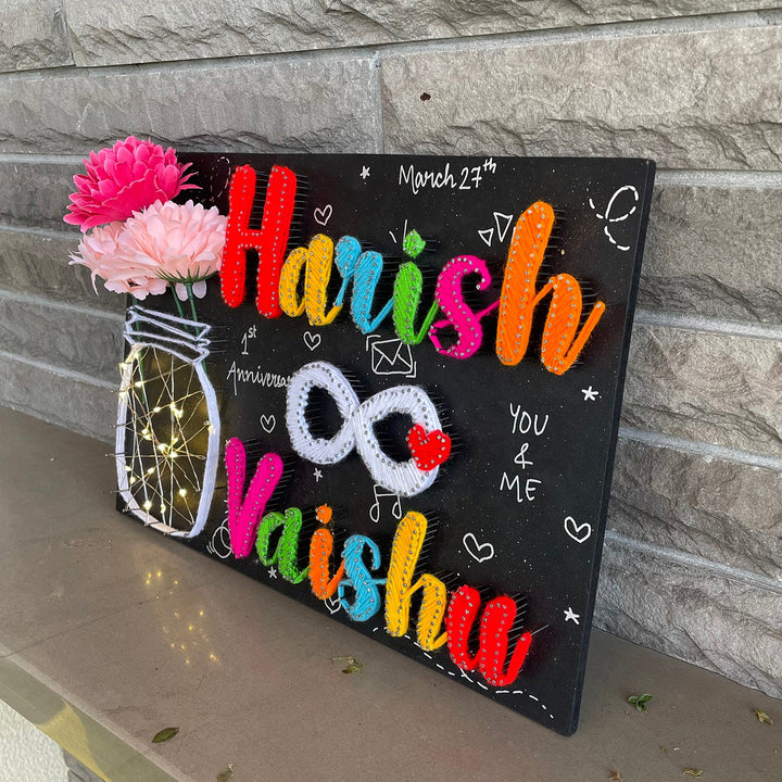 Personalized String Art Infinity Mdf Wood Name Plate For Couples - Side Angle Showing Personalized Text