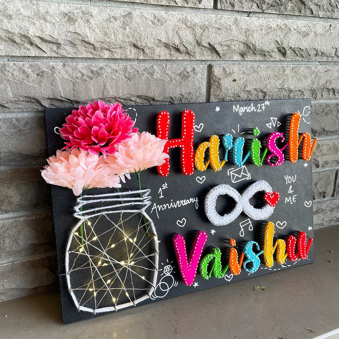 Personalized String Art Infinity Mdf Wood Name Plate For Couples - Angled View Showing Personalized Names