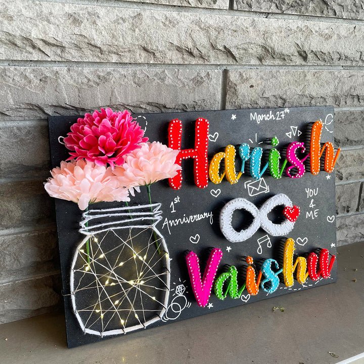 Personalized String Art Infinity Mdf Wood Name Plate For Couples - Angled View Showing Personalized Names