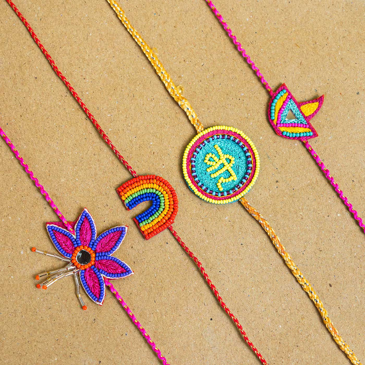Handmade Beaded Lotus Stone Rakhi With Roli Chawal - Set of Four Colorful Rakhis