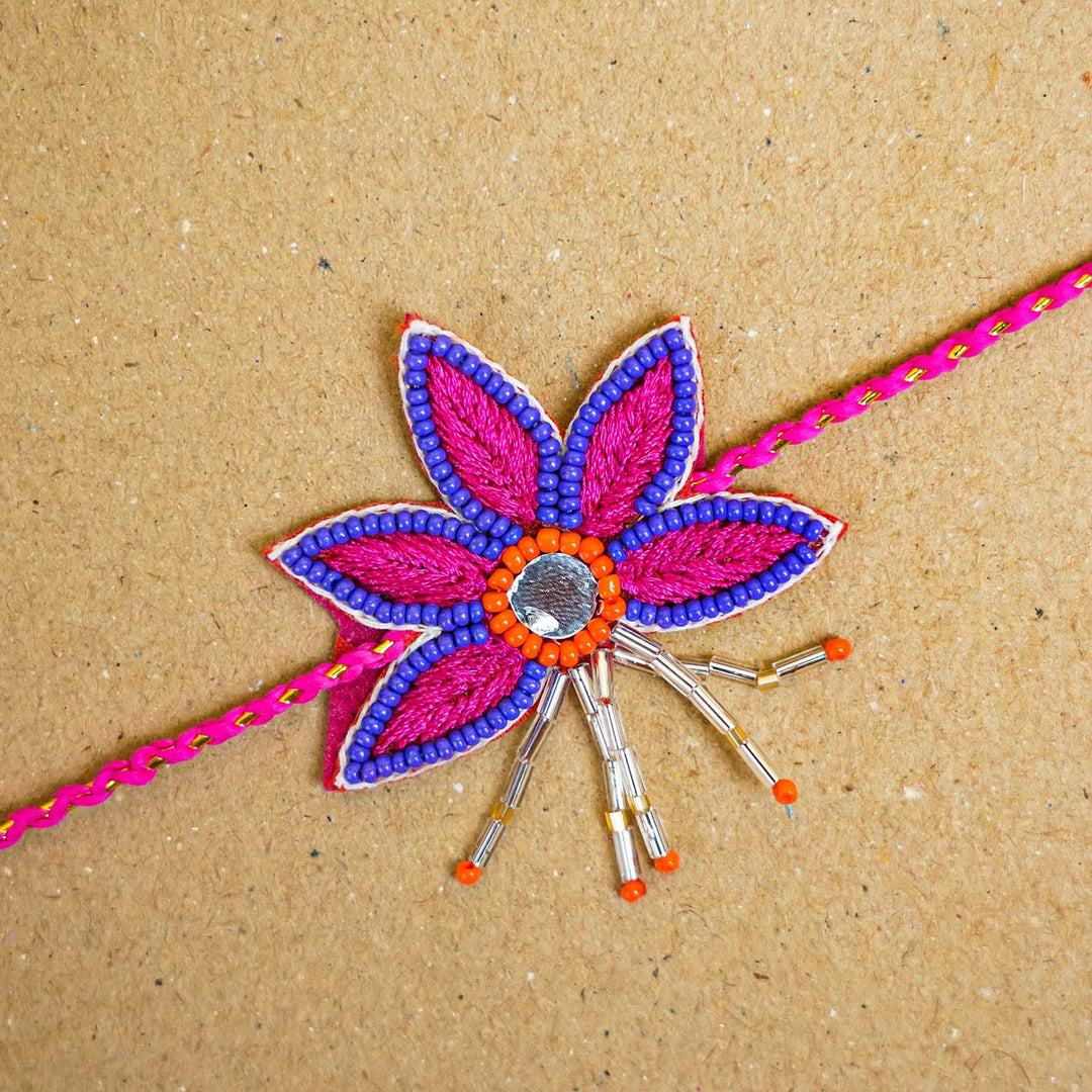 Handmade Beaded Lotus Stone Rakhi With Roli Chawal - Close-up of Rakhi Flower Design