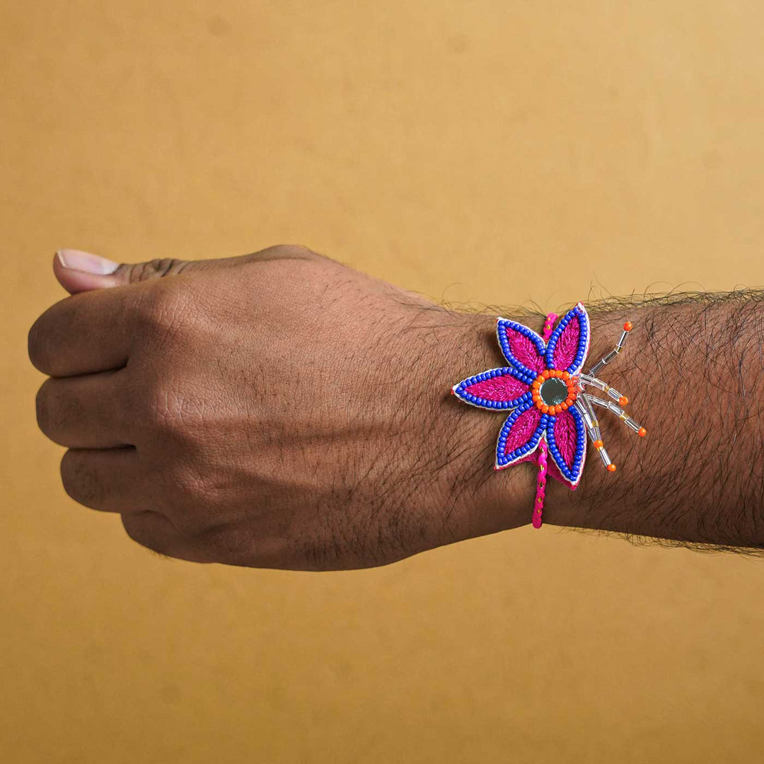 Handmade Beaded Lotus Stone Rakhi With Roli Chawal - Rakhi Worn on Wrist