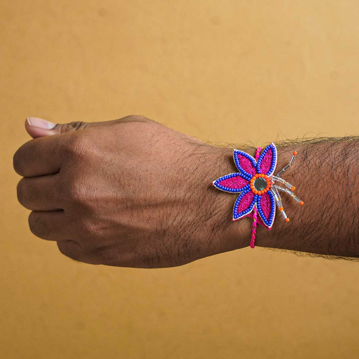 Handmade Beaded Lotus Stone Rakhi With Roli Chawal - Rakhi Worn on Wrist