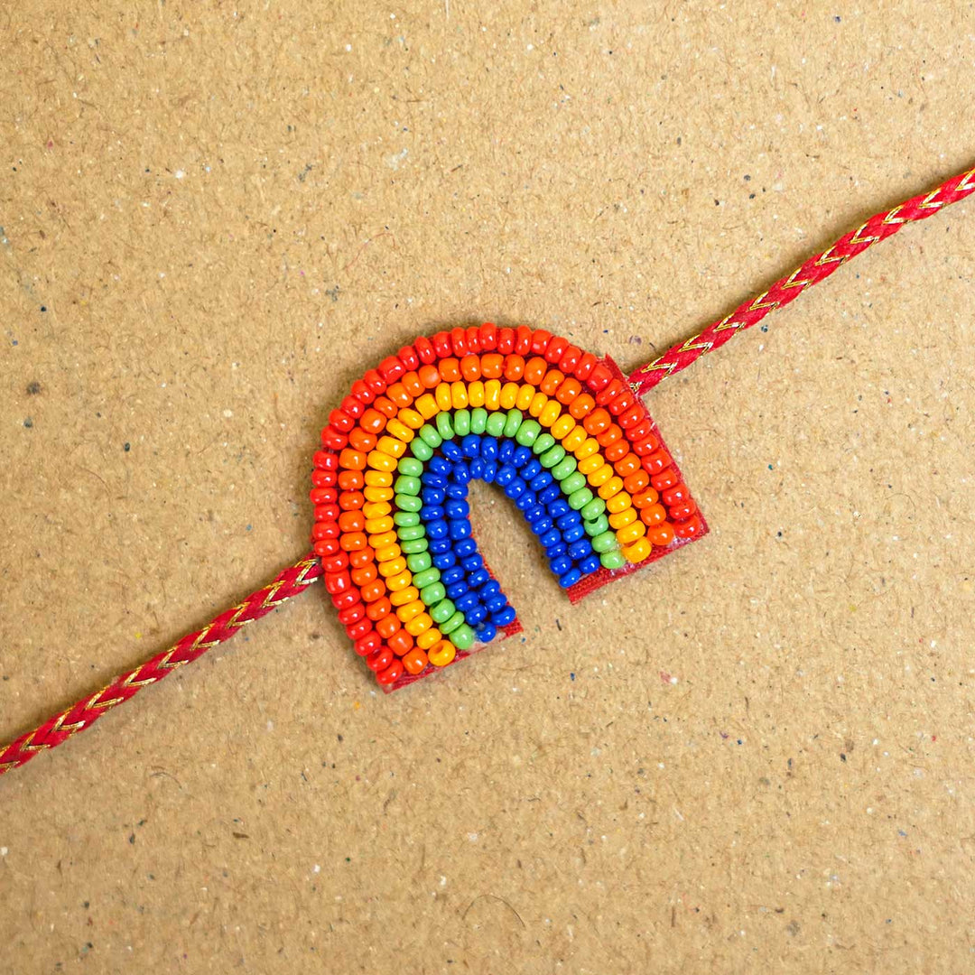 Handmade Beaded Rainbow Rakhi With Roli Chawal - Close-up Beaded Rainbow Charm
