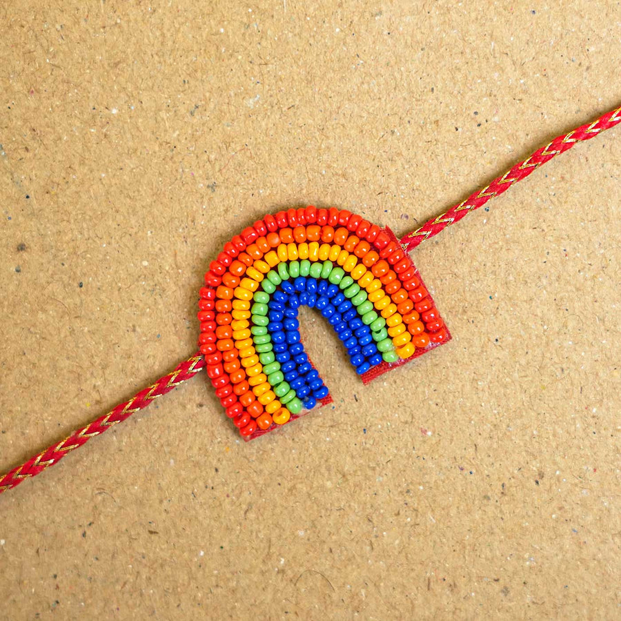 Handmade Beaded Rainbow Rakhi With Roli Chawal - Close-up Beaded Rainbow Charm