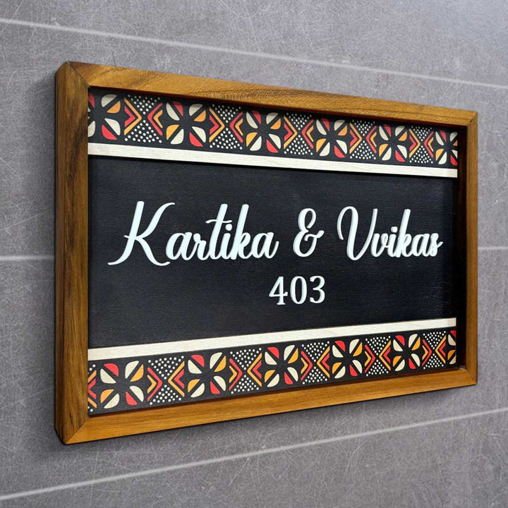 Wooden Personalized Printed Framed Black Couples Nameplate - Angled Front View Mounted on Wall