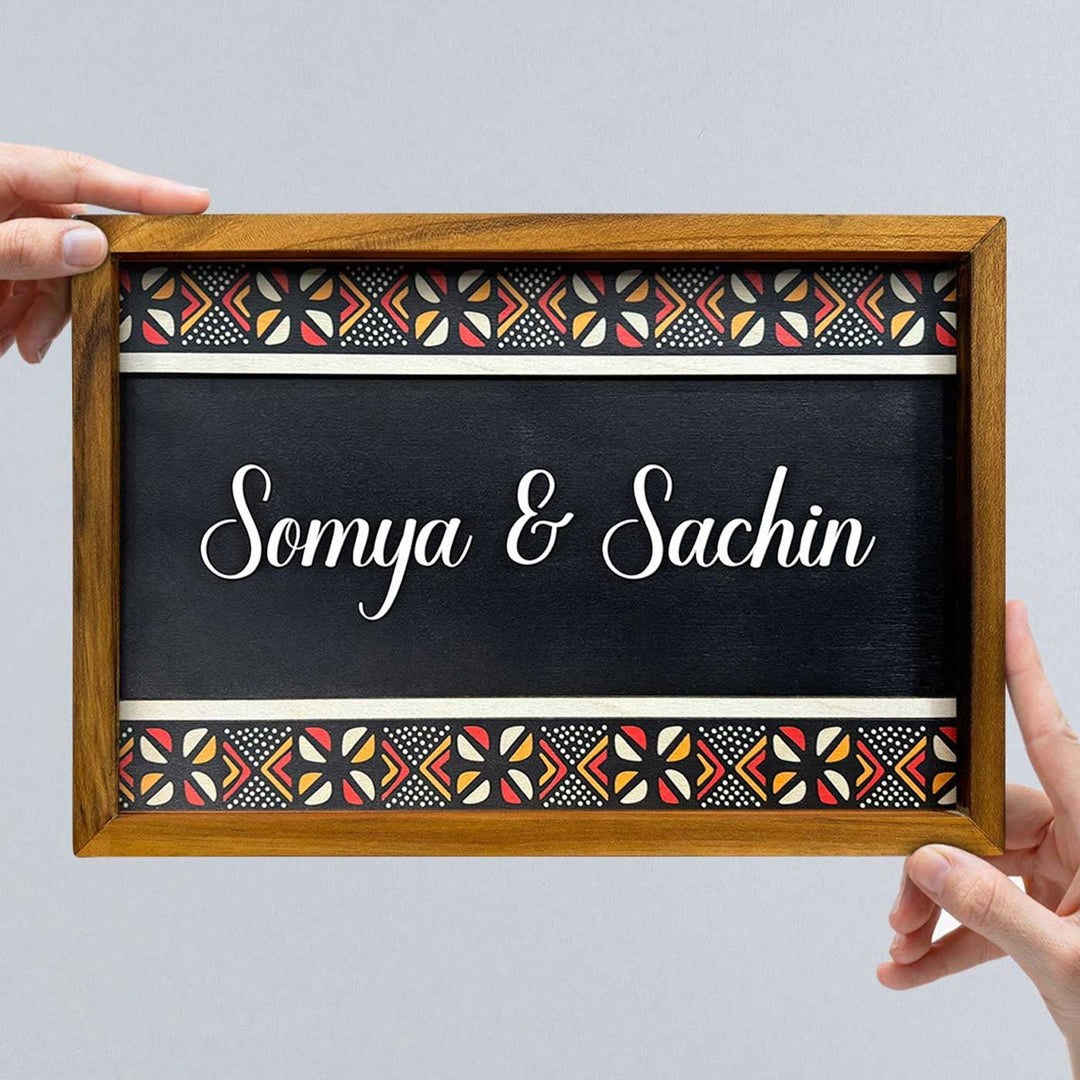 Wooden Personalized Printed Framed Black Couples Nameplate - Front View Held by Hands